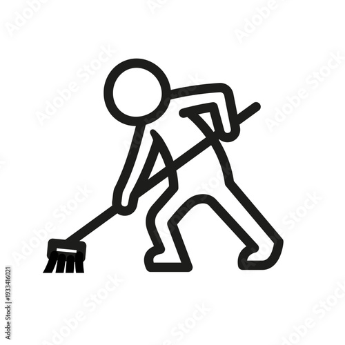 Simple black outline stick figure sweeping the floor with a broom, depicting a common cleaning activity.