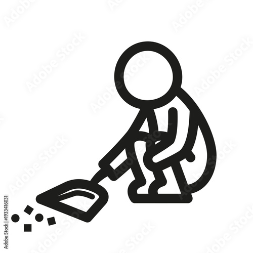 A stick figure person sweeping debris into a dustpan with a brush, depicted in simple line art.