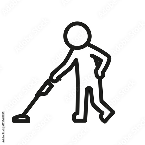 Simple black outline icon of a stick figure person using a vacuum cleaner to clean a floor.