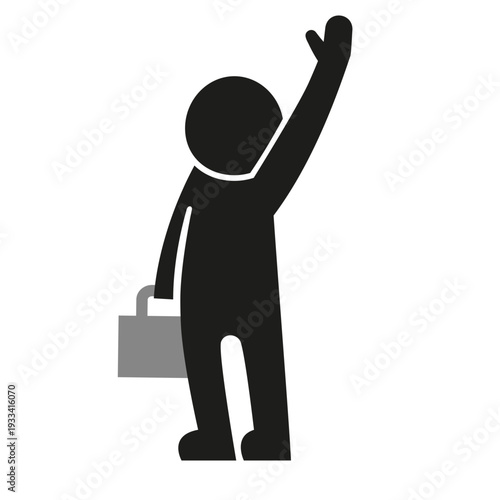 Black silhouette of a person holding a briefcase and raising one arm, possibly hailing a taxi or waving goodbye.