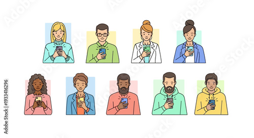 Diverse group of people holding mobile phones in a modern setting from a straightforward viewpoint