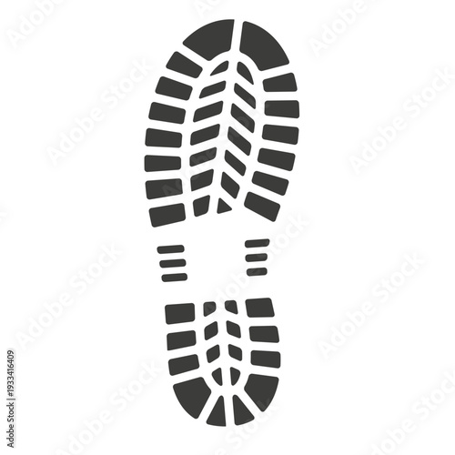 Detailed black boot sole footprint with distinct tread pattern on a white background.