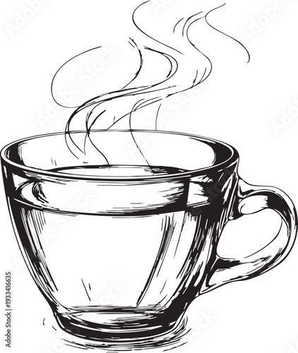simple black and white outline drawing of a warm glass of tea with subtle steam, ideal for beverage concepts