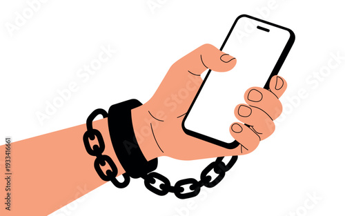 A hand holding a smartphone with a chain and cuff attached to the wrist, symbolizing addiction.