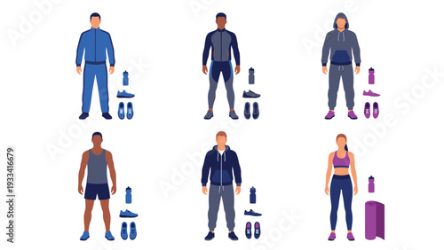 Diverse Individuals in Sportswear with Fitness Gear. Flat Vector Illustration of Athletic Outfits, Gym Accessories, and Workout Apparel.