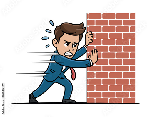 A frustrated businessman in a blue suit crashing into a brick wall with a look of anger and disappointment