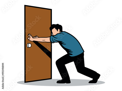 A cartoon man pushing a large brown door open with a white doorknob.