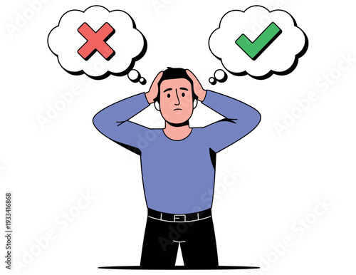 A man is shown with his hands on his head, thinking about a right or wrong decision.