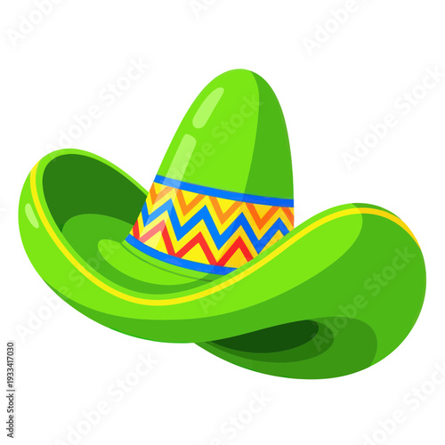 Vibrant Green Sombrero Hat with Colorful Mexican Pattern Isolated