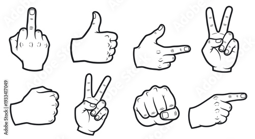 Set of Hand Gestures Icons: Thumbs Up, Middle Finger, Pointing, Fist, Peace Sign