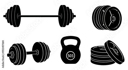 Weightlifting Equipment Icons: Barbell, Dumbbells, Kettlebell, and Weight Plates