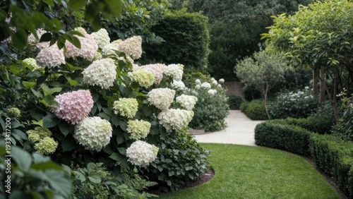 Garden with a white and pink flower bush. The flowers are blooming and the garden is well maintained