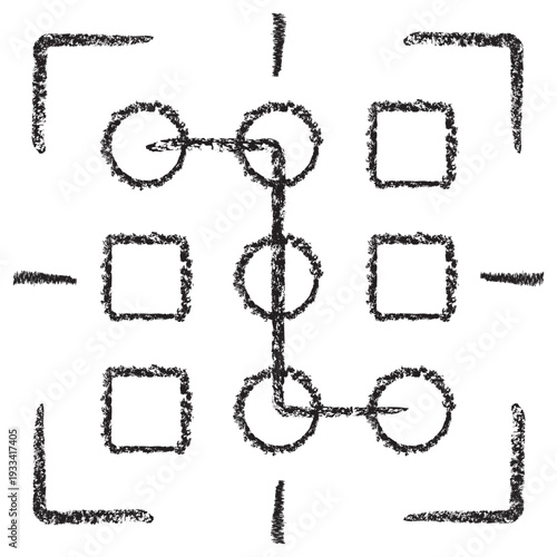 Vector icon of AI pattern recognition with a focal frame and connected data points. Dark brown charcoal sketch on transparent background. Hand-drawn concept for clustering and image segmentation