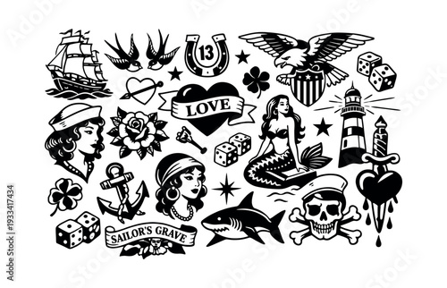Assortment of classic rockabilly tattoo designs featuring sailor themes, symbols of luck, and iconic Americana elements