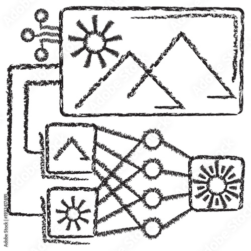 Vector icon of AI Convolutional Neural Networks (CNN). Dark brown charcoal sketch on transparent background. Features image decomposition into features for visual recognition