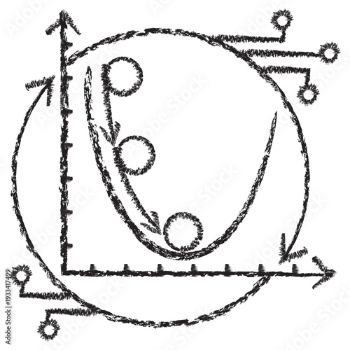 Vector gradient descent icon showing loss function optimization curve and neural nodes. Dark brown charcoal sketch on transparent background. Concept for machine learning training and mathematics