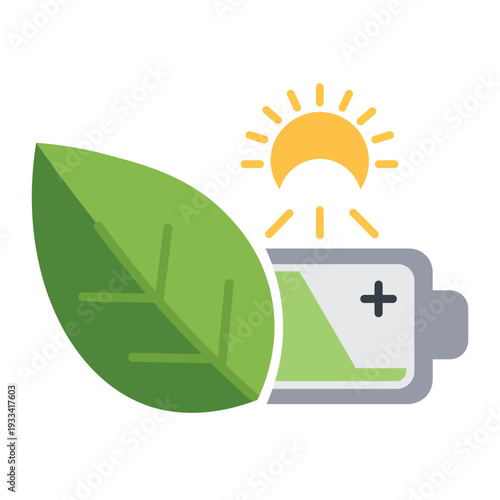 Green energy concept: leaf and battery charged by sun illustration