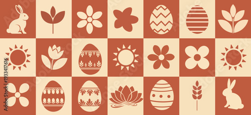 Retro Easter and Spring Icons in a Checkerboard Pattern