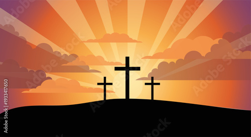 Three crosses silhouetted against a vibrant sunrise, symbolizing hope and resurrection