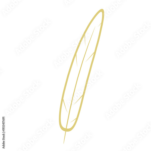 A simple, elegant illustration of a single golden feather with subtle internal lines, set against a clean white background.