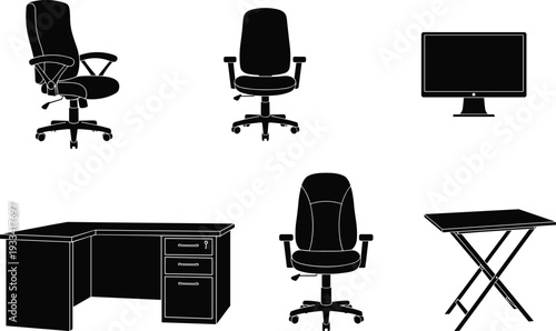 Vector illustration of office furniture silhouettes including ergonomic desk chairs, an L-shaped executive desk, a computer monitor, and a folding table, comma.