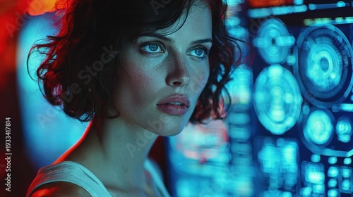 Close-up portrait of a thoughtful woman with blue eyes illuminated by futuristic technology