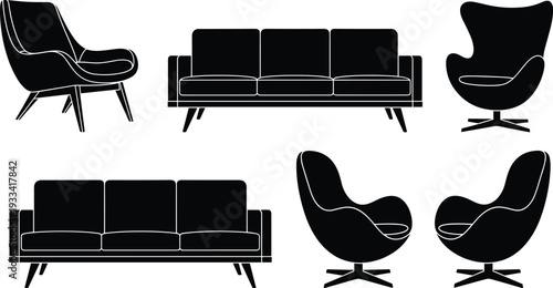 Vector illustration of modern furniture silhouettes including comfortable sofas, armchairs, and mid-century modern lounge chairs isolated on white background, comma.
