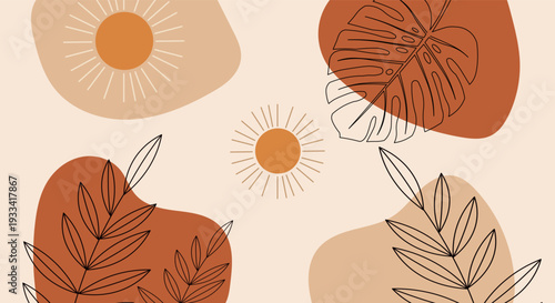 Bohemian abstract art with sun and tropical leaves in warm earth tones