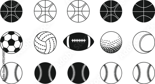 Vector illustration of various sports balls including basketball, soccer, volleyball, football, golf, tennis, and baseball icons isolated on white background, comma.