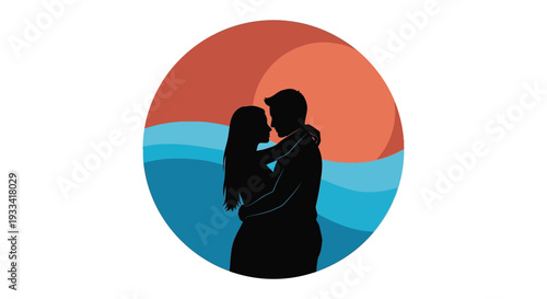 Couple Embracing in Romantic Silhouette with Warm Orange Sunset and Blue Ocean Waves in Circular Frame for Love Illustration