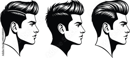 Vector illustration of male profile head silhouettes featuring modern pompadour and undercut hairstyles with detailed hair textures isolated on white, comma.