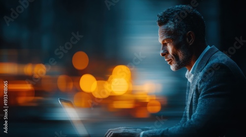 Mature businessman working late on laptop in an urban night setting with bokeh lights