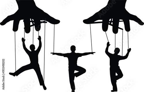 Black and white vector illustration of human puppet silhouettes controlled by giant hands, representing manipulation, control, authority, and power dynamics, comma.