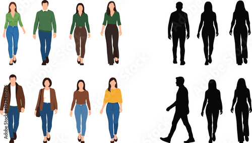 Vector illustration of men and women walking forward in casual business attire, featuring both colorful flat designs and black silhouettes, comma.
