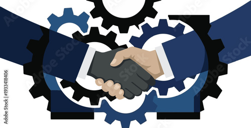 Business partners shaking hands with mechanical gears background
