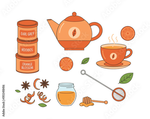Assortment of tea items including a teapot, teacup, tea tins, honey, spices, and tea infuser on a white background