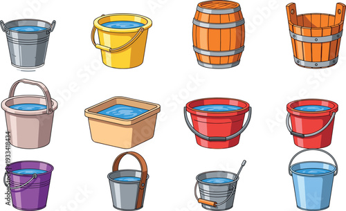Vector illustration of various buckets and water containers including metal pails, plastic buckets, wooden barrels, and tubs isolated on white, comma.