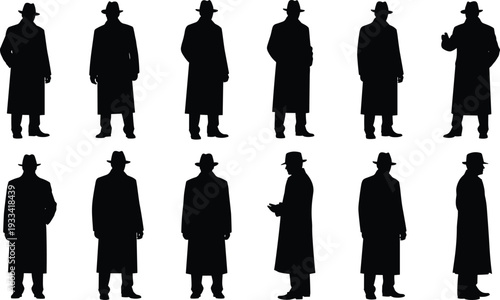 Vector illustration of male detective silhouettes wearing trench coats and fedora hats, standing in various professional poses, isolated on white, comma.