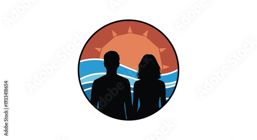 Couple Silhouettes in Romantic Sunset Landscape with Vibrant Colors and Circular Frame for Relationship Icons