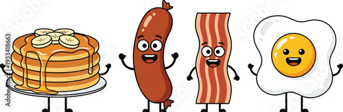 Vector illustration of cute breakfast food characters including pancakes with syrup, a sausage, bacon strip, and a fried egg, comma.