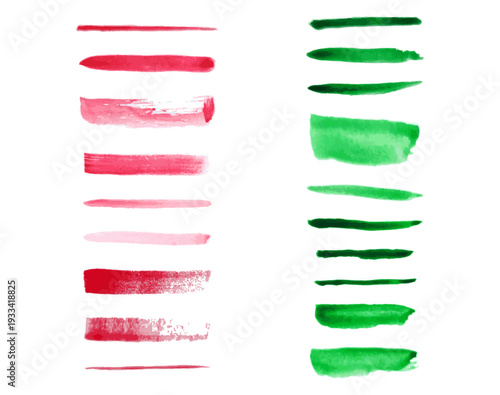 Texture of a set of red and green rectangular watercolor drawings isolated on a white background.