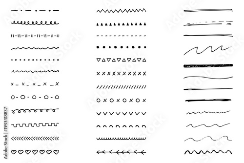 Decorative set of dividers, vintage filigree frames and line drawing. Brushes drawn with a pen