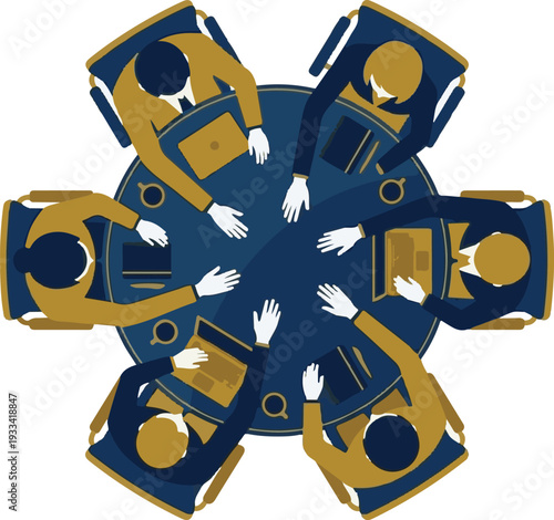 Top view of business team sitting around a round table meeting