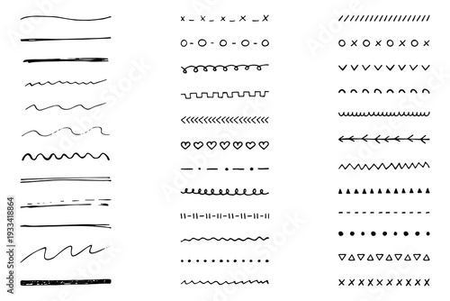 Decorative set of dividers, vintage filigree frames and line drawing. Brushes drawn with a pen