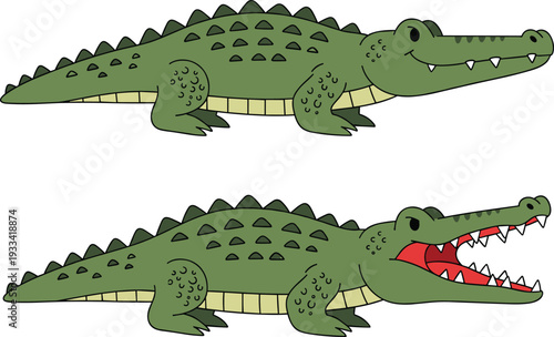 Vector illustration of two green crocodiles isolated on white, with one smiling and one showing sharp teeth with mouth open, comma.