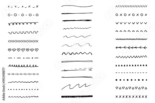 Decorative set of dividers, vintage filigree frames and line drawing. Brushes drawn with a pen