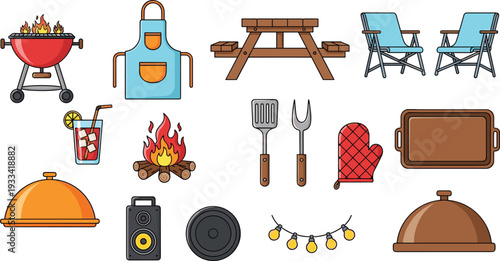Vector illustration of outdoor barbecue and picnic equipment icons including a grill, campfire, picnic table, chairs, apron, and cooking tools, comma.