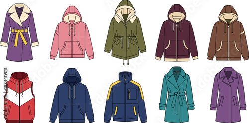 Technical fashion flat sketches collection of winter outerwear jackets hoodies parkas and trench coats for apparel design cad vector illustration