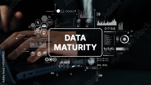 Quadro su tela Concept of Data Maturity in Business Analytics with Hands Typing on Keyboard and Graphical Elements