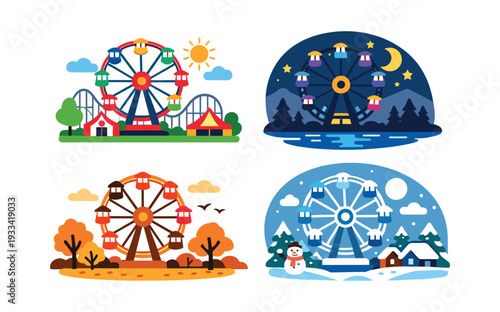 Ferris wheel scenes illustrating seasonal changes and day to night cycles. Showing carnival attractions transforming with environment